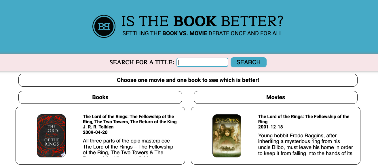 Is the Book Better website showing a movie and book comparison