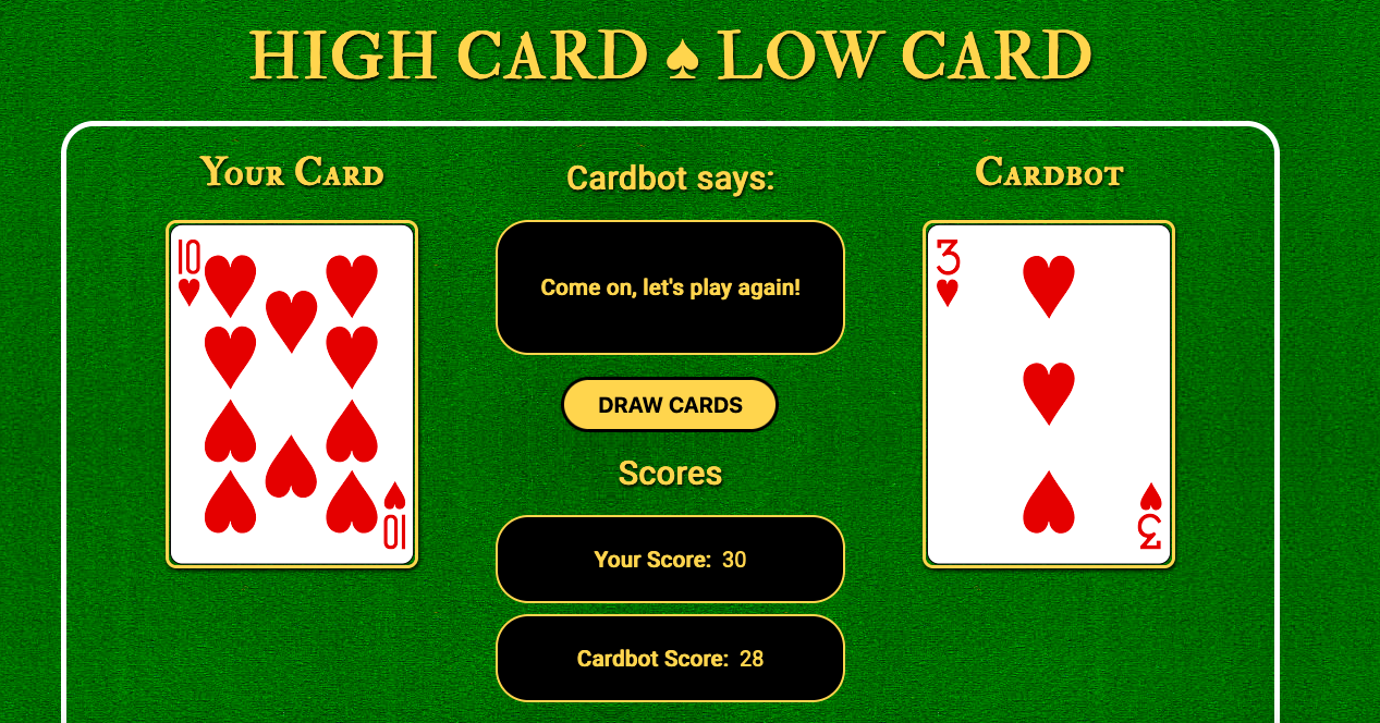 The High Card Low Card website showing the game window